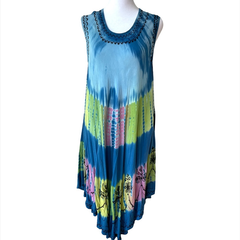 Vintage 90s Indian Blue Green Pink Tie Dye Shift Dress Swim Coverup Embroidered